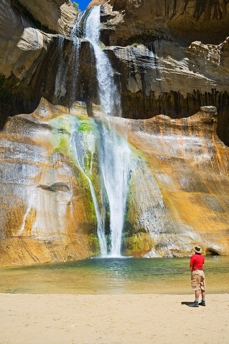 Mann betrachtet Lower Calf Creek Falls, Grand Staircase Escalante National Monument, Utah, USA