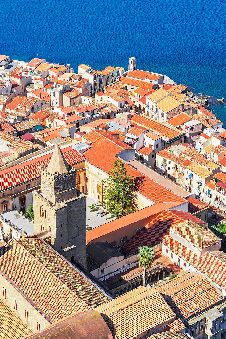 Cefalu hiistoric district, elevated view, Cefalu, Sicily, Italy