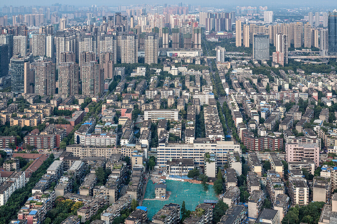 View from the 'West Pearl Tower' television tower on the city of Chengdu, Sichuan Province, China, Asia