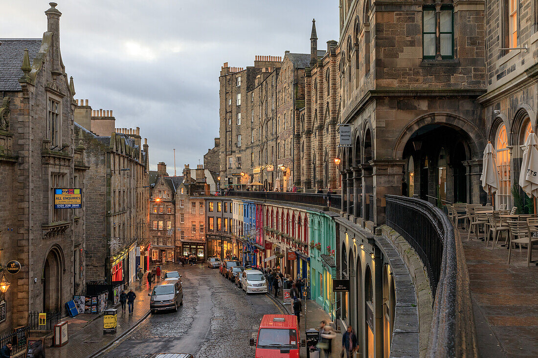 Facades on Victoria Street from West Bow, Old Town Edinburgh, Scotland, UK