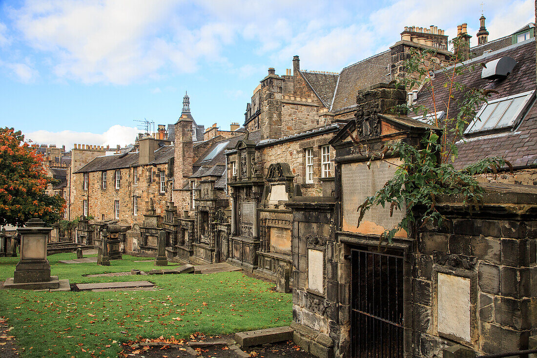 Gravestones in Greyfriars Historic Cemetery, Old Town Edinburgh, Scotland, UK