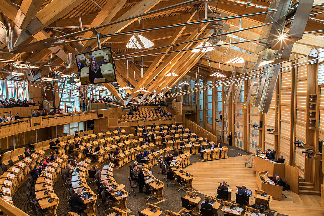 Interior view of the Plenary Chamber, Scottish Parliament, Edinburgh, Scotland, UK