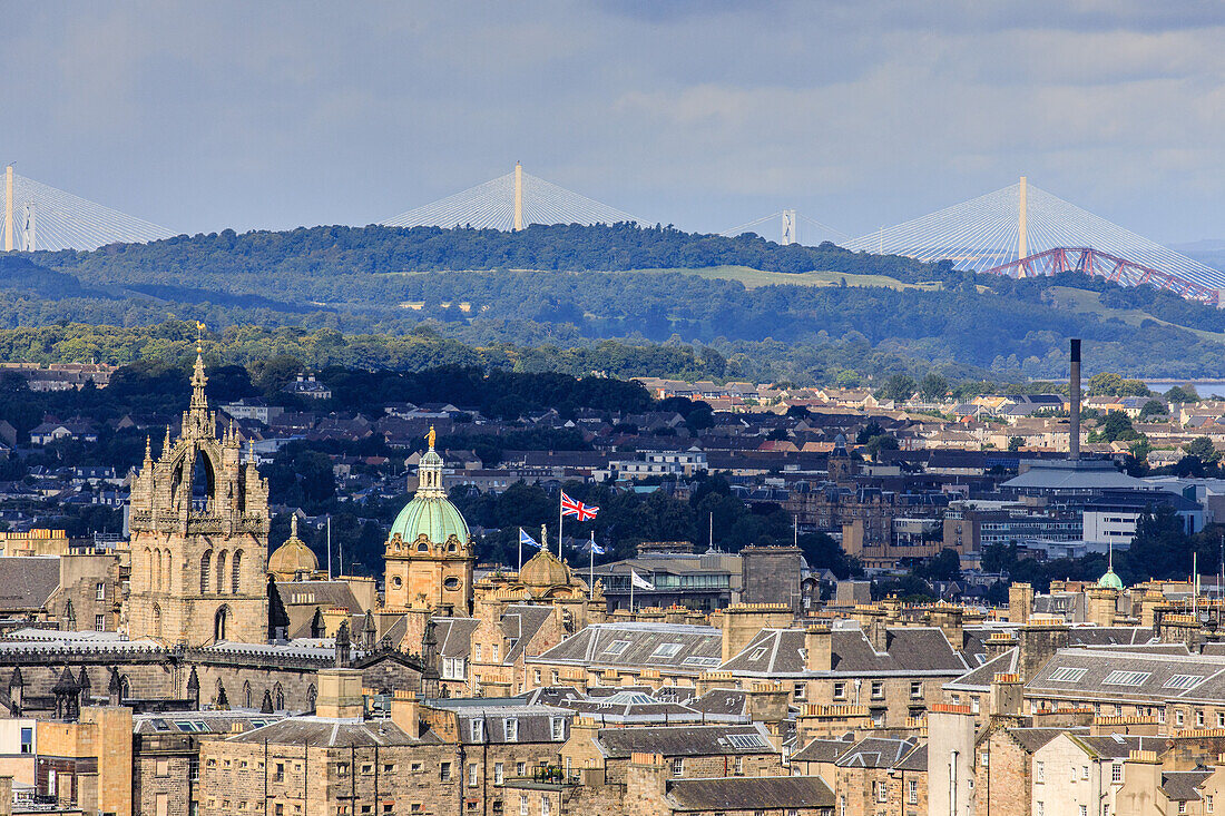 City panorama of Edinburgh and three bridges over Firth of Forth, city view, St Giles, Scotland, UK