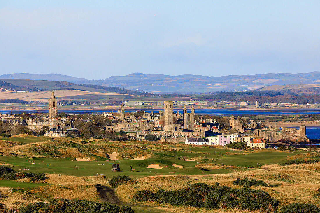 View over St Andrews, golf course and cathedral ruins, Fife, Scotland, UK
