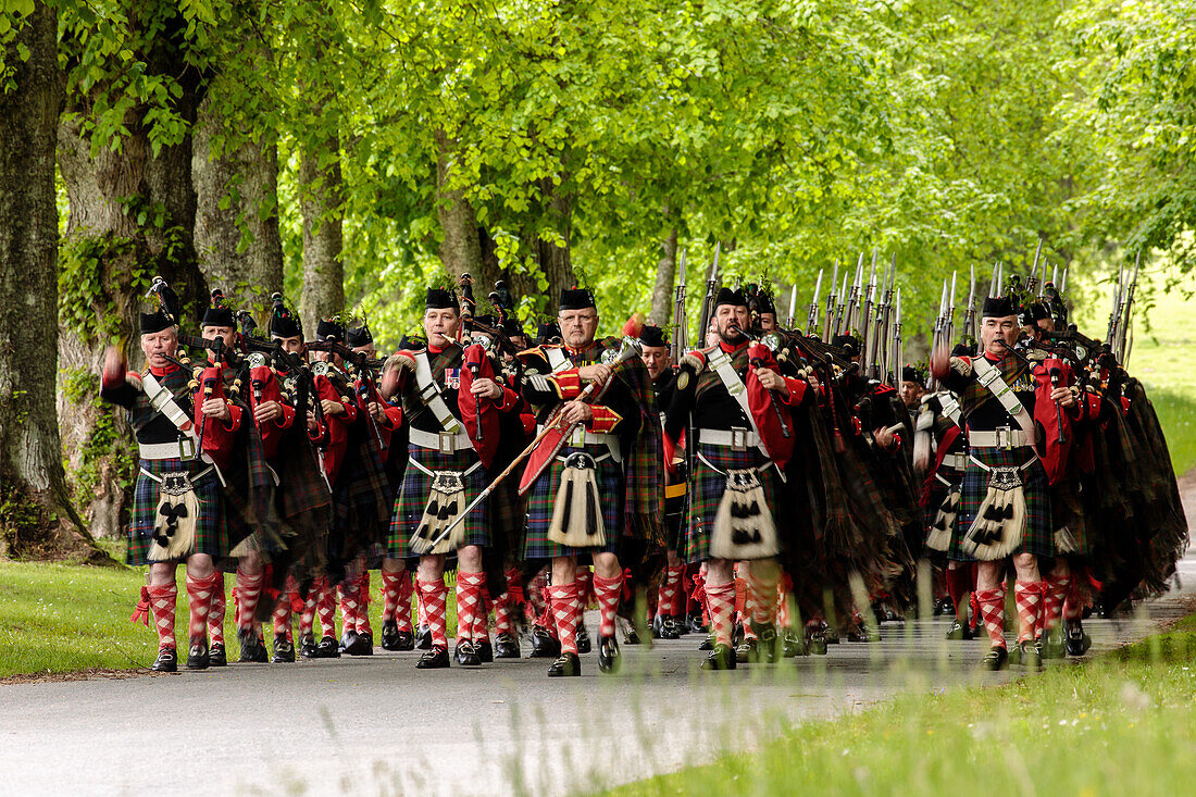 Atholl Highlanders Parade, Blair Castle, marching out, Atholl Gathering and Highland Games, Perthshire, Scotland, UK