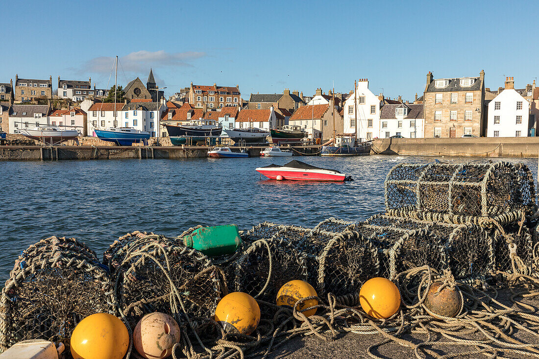 The harbor at St Monans, fishing village, lobster basket, boats, Fife, Scotland, UK