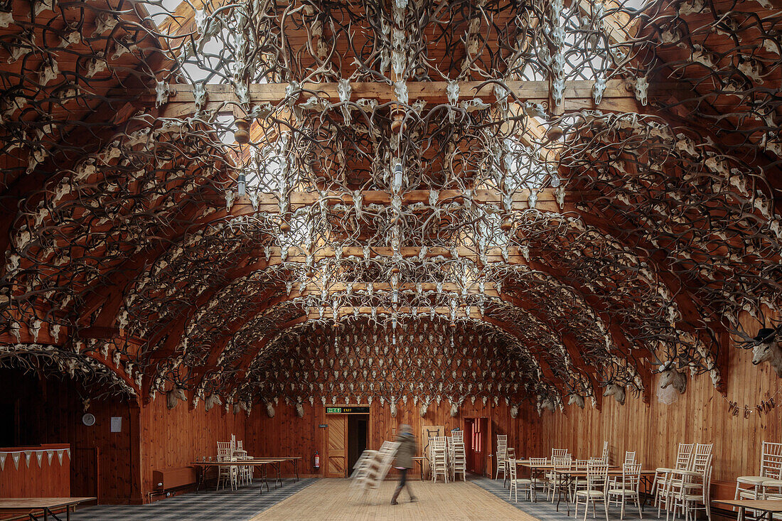 Stag Ballroom, Festsaal, Mar Lodge, 2500 seit 1790 gesammelte Hirschtrophäen in Holzhalle, Deeside, Aberdeenshire, Schottland, UK