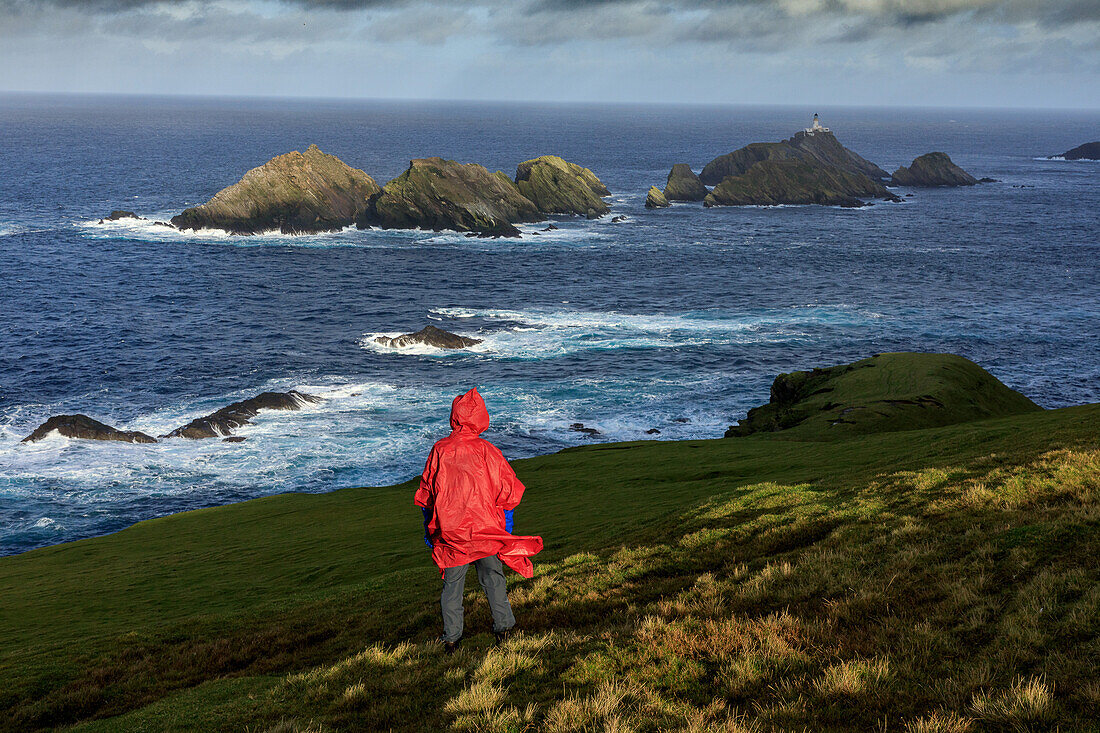 Hiker in red rain cape, Hermaness Nature Reserve, Muckle Flugga, Shetland, Scotland UK