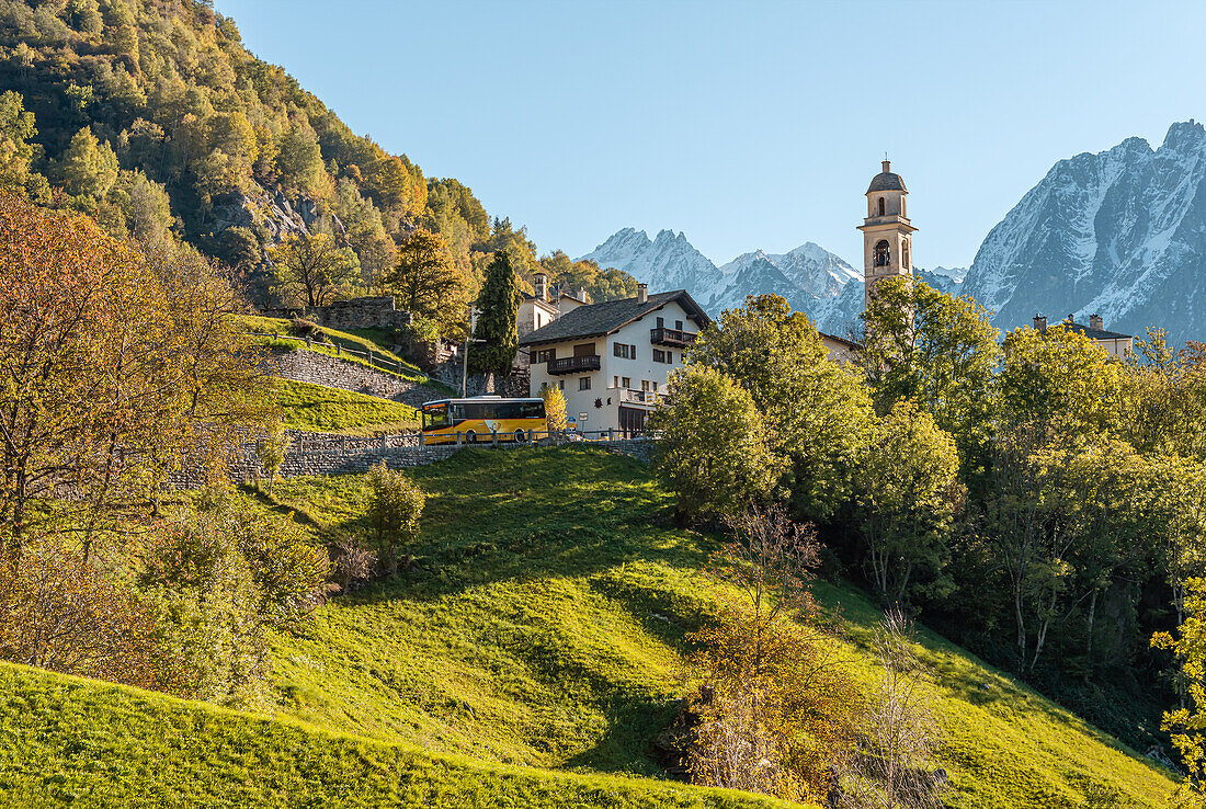 View of the village of Soglio in Bergell in autumn, Graubünden, Switzerland