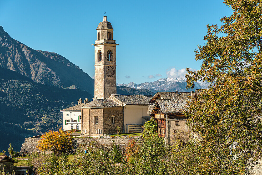 View of the village of Soglio in Bergell in autumn, Graubünden, Switzerland