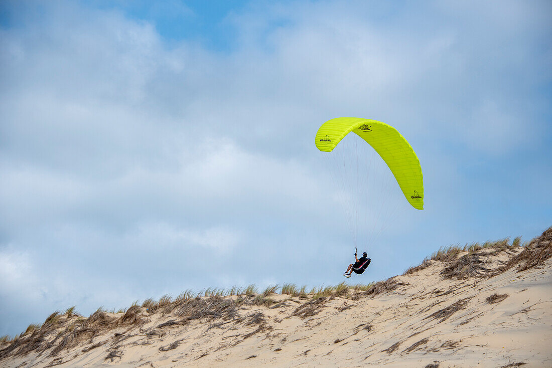 Paraglider pilots in the dunes, Carcans, Atlantic Ocean, France