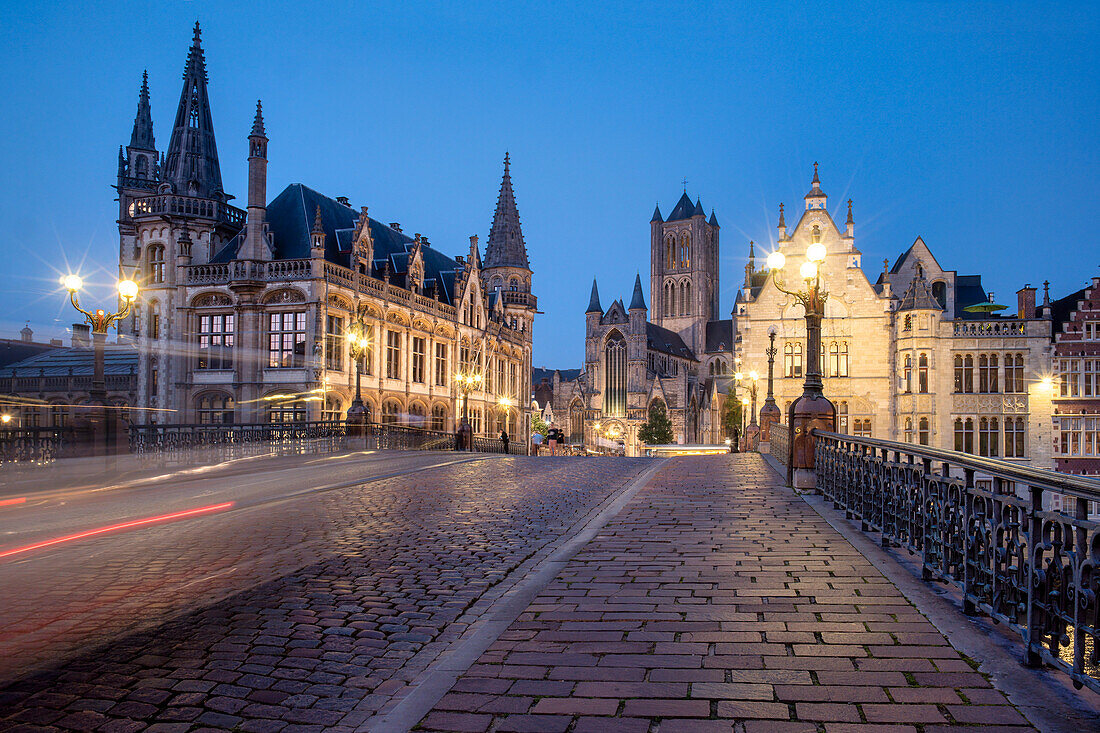 Historical center of Ghent, Sint Michielsbrug bridge over the river Leie, Zannier Hotels 1898 Die Post and Sint Niklaaskerk church, belfry, city tower, Ghent, Flanders Belgium