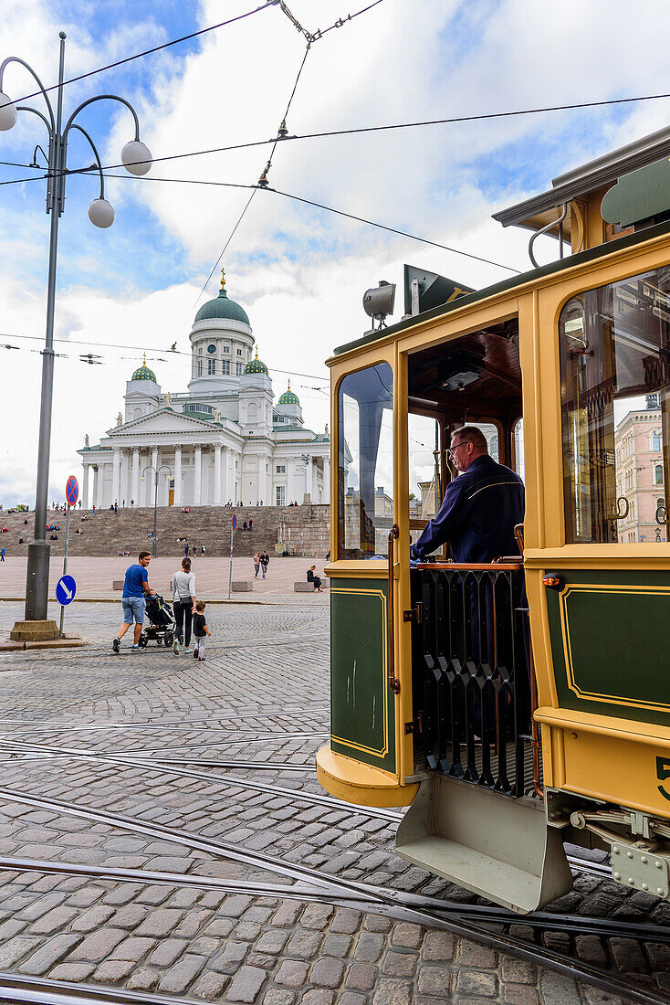 Historic tram at the cathedral, Helsinki, Finland