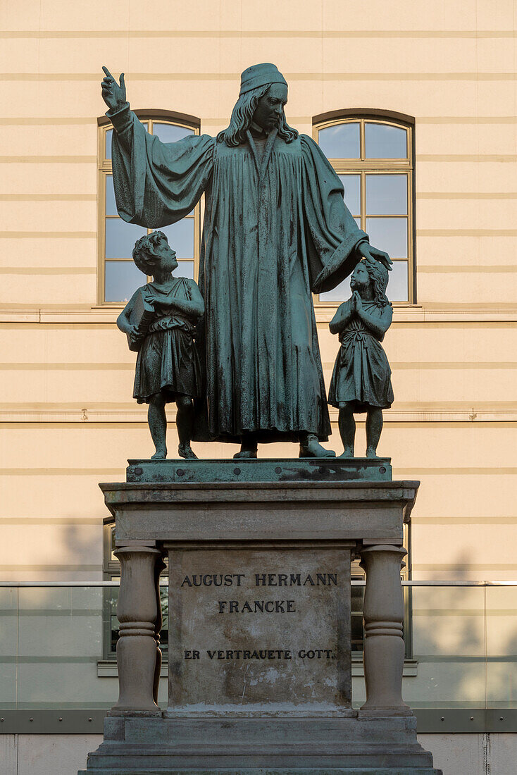 Francke Foundations, monument to August Hermann Francke, German Protestant theologian, pedagogue and hymn poet, one of the main representatives of Pietism, Halle, Saxony-Anhalt, Germany