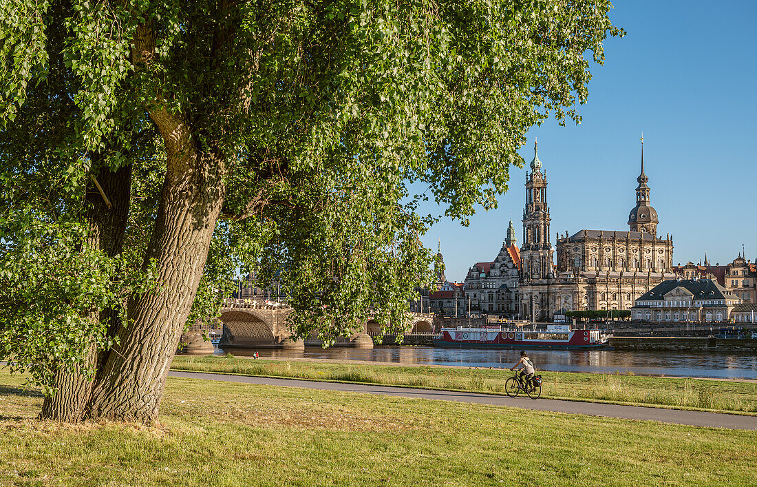 Skyline of Dresden's old town as seen from Neustatter Elbe bank, Saxony, Germany