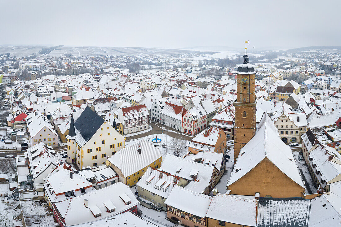 The old town of Volkach in winter, Kitzingen, Lower Franconia, Franconia, Bavaria, Germany, Europe