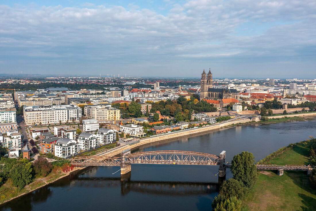 Historic Hubbbrücke, Elbe promenade with cathedral, Magdeburg, Saxony-Anhalt, Germany