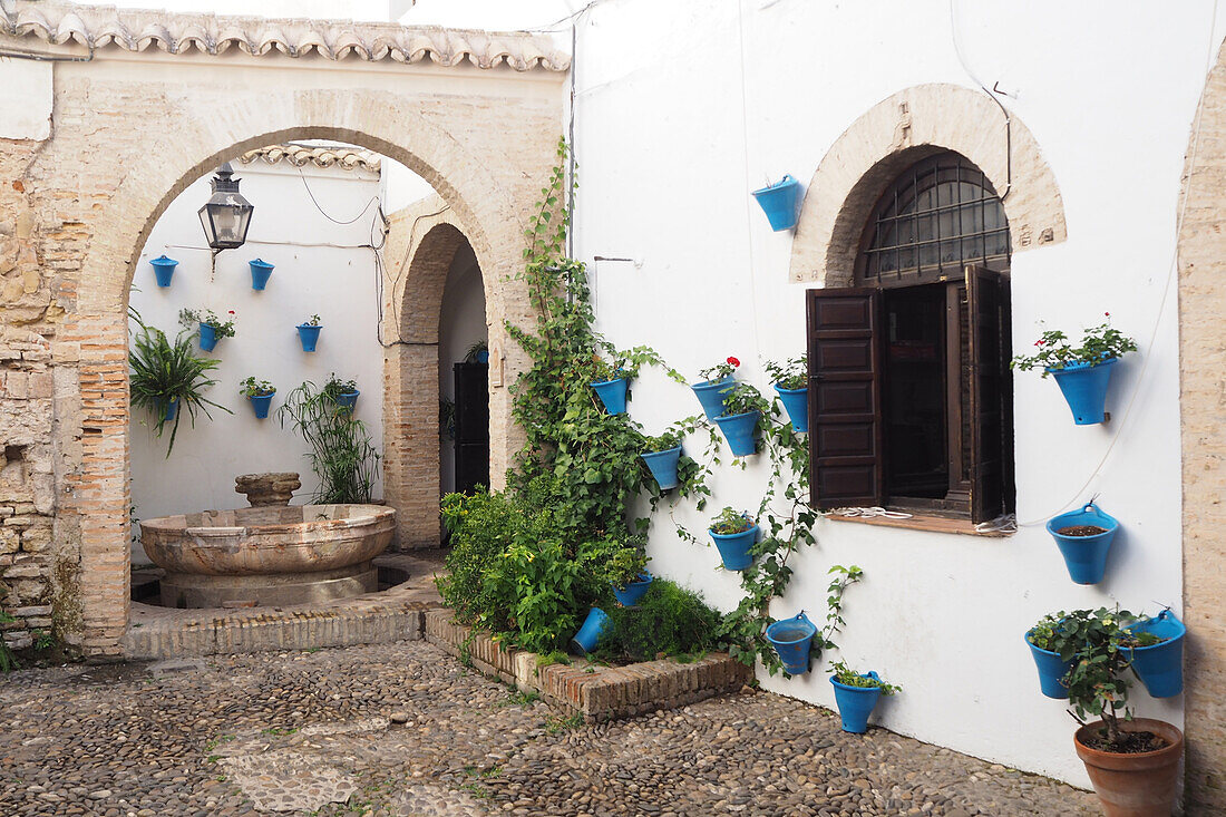 Typischer Innenhof mit Wandtöpfen in Cordoba, Andalusien, Spanien