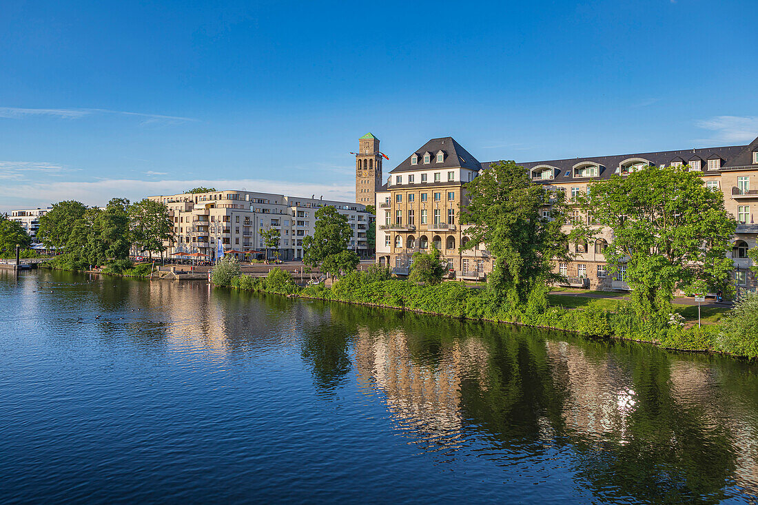 View of the Ruhr and city harbor in Muelheim an der Ruhr, North Rhine-Westphalia, Germany