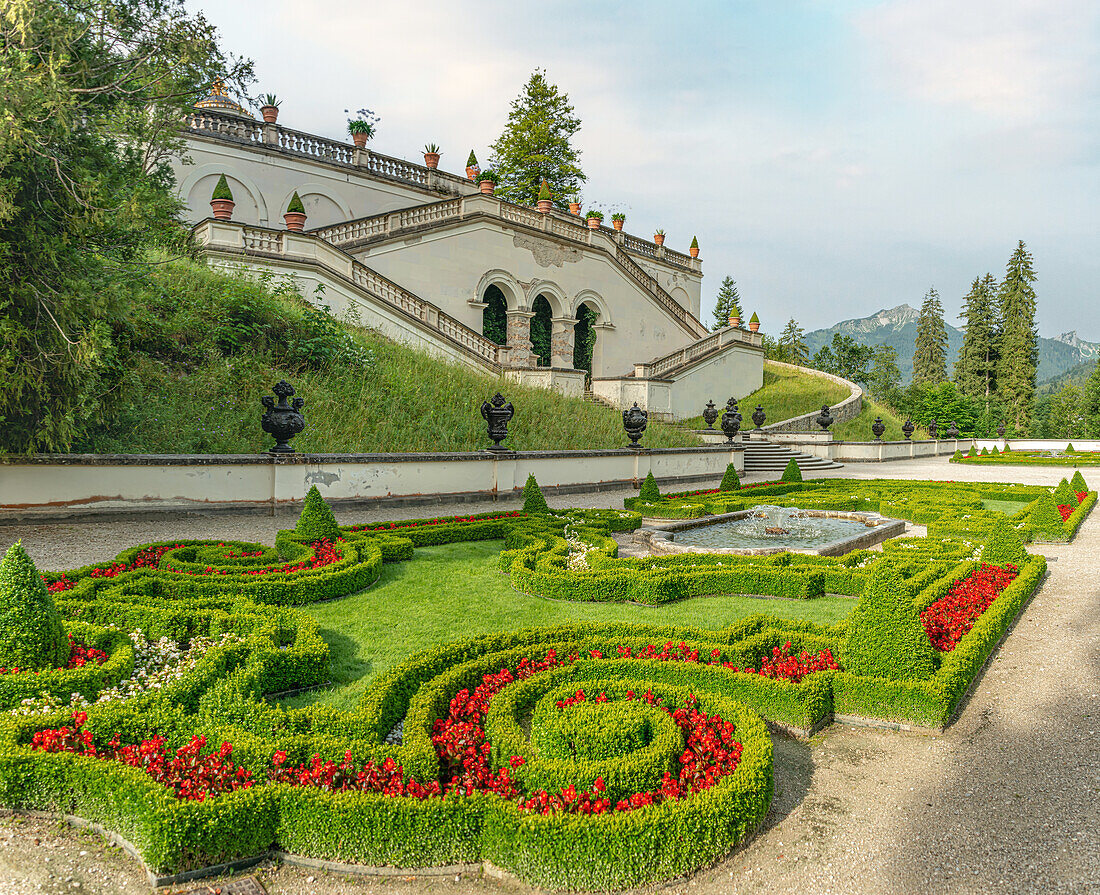 Terrace garden on the water parterre in the park of Linderhof Palace, Ettal, Bavaria, Germany