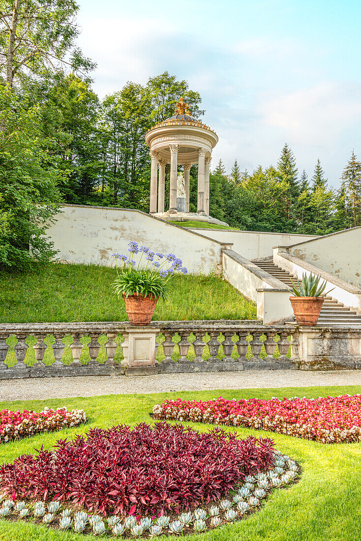 Terrace garden and Venus temple on the water parterre in the park of Linderhof Palace, Ettal, Bavaria, Germany