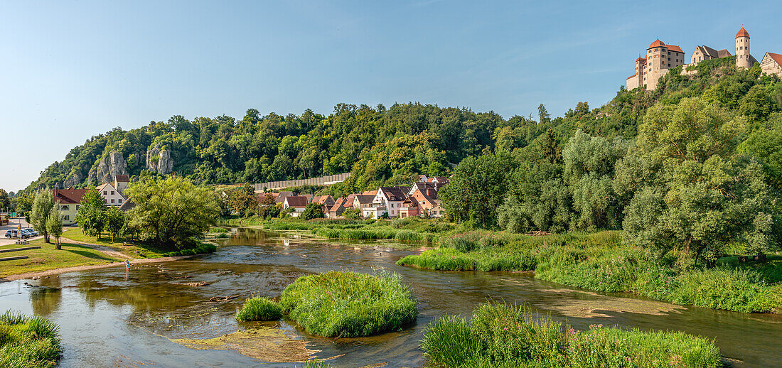 View of Harburg Castle in summer seen from the Wörnitz valley, Swabia, Bavaria, Germany