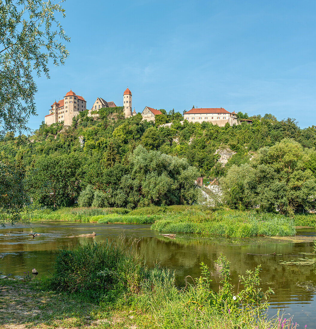 View of Harburg Castle in summer seen from the Wörnitz valley, Swabia, Bavaria, Germany