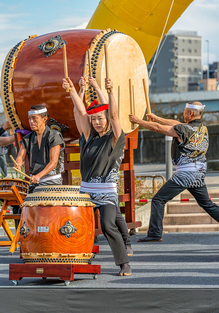 Traditional taiko drummers during a competition in Tokyo, Japan