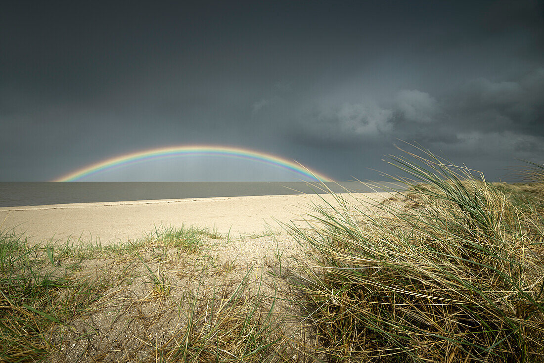 Sanddünen an der Nordsee unter Sturmwolken mit Regenbogen, Schillig, Wangerland, Friesland, Niedersachsen, Deutschland, Europa