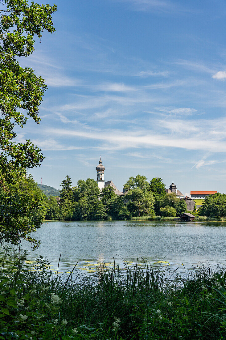 View in sunshine over the Höglwörther See to the monastery, Chiemgau, Bavaria, Germany