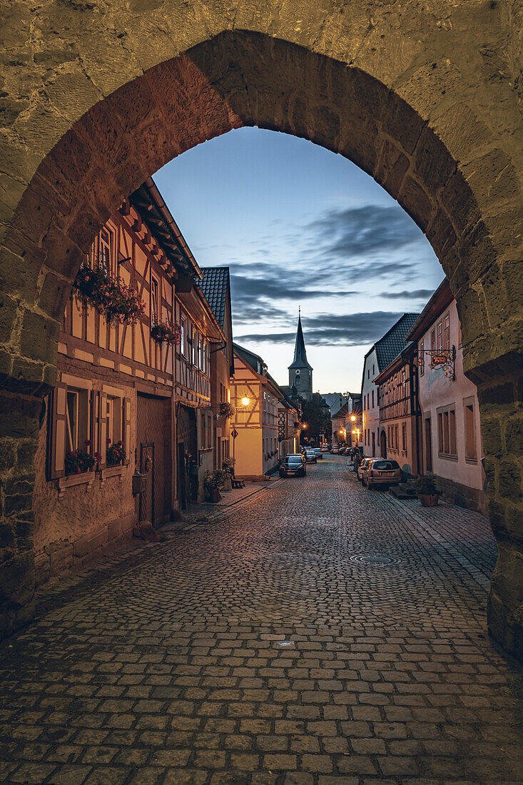 View through the Geiersberg city gate of the medieval town of Seßlach in the Upper Franconian district of Coburg