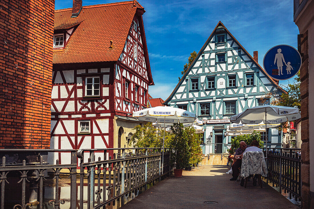The leaning house and restaurant Acropolis in Forchheim, Bavaria, Germany