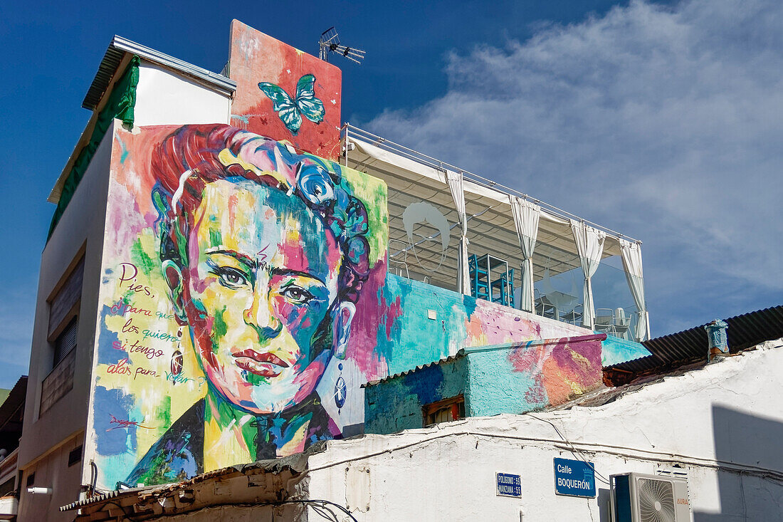Graffiti von Frida Kahlo, Malaga, Costa del Sol, Provinz Malaga, Andalusien, Spanien, Europa