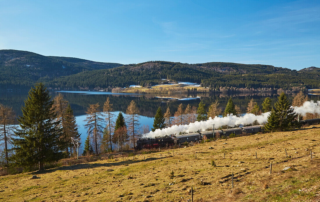 View of the Schluchsee with the Dreiseenbahn (historic steam train), Southern Black Forest, Black Forest, Baden-Wuerttemberg, Germany, Europe