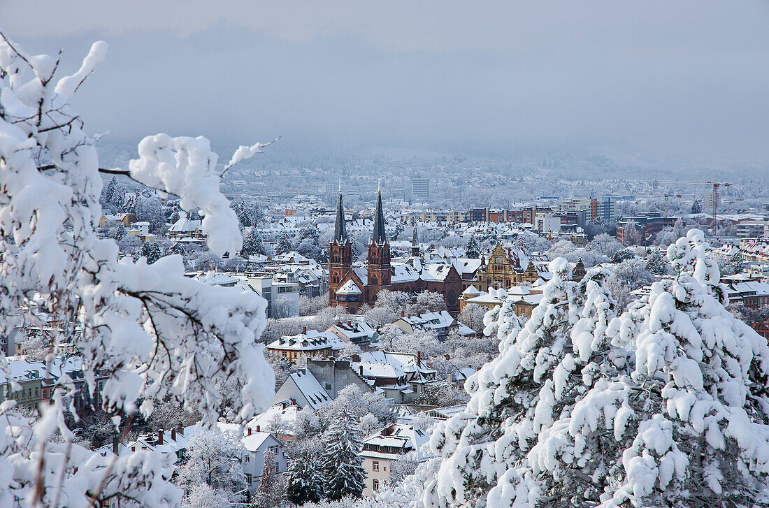 View from Schlossberg to St. Johannes Church in the snow, Freiburg, Breisgau, Southern Black Forest, Black Forest, Baden-Wuerttemberg, Germany, Europe