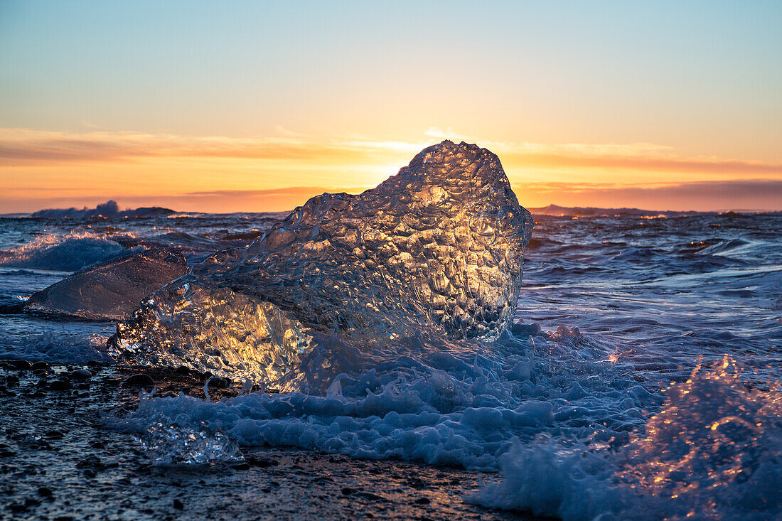 Ice sculpture on the black beach at Jokulsa, Sudausturland, Iceland, Europe