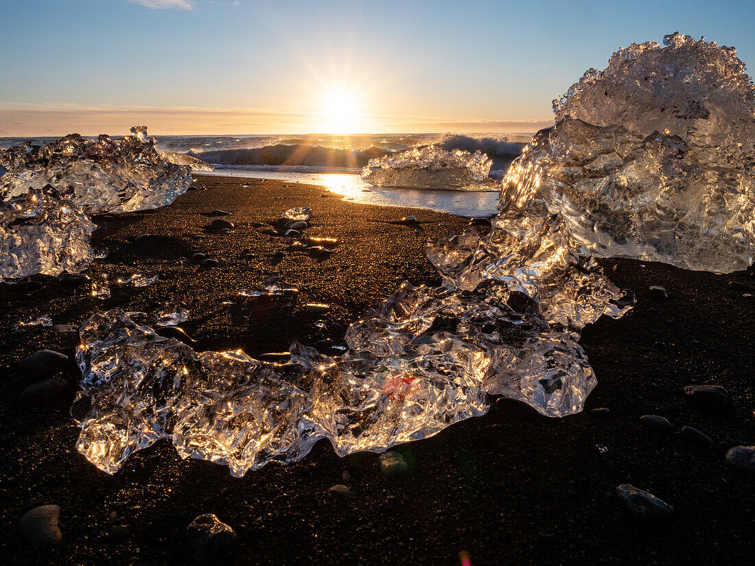 Ice sculptures on the black beach at Jokulsa, Sudausturland, Iceland, Europe