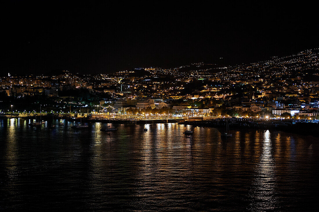 View from the harbor on the nightly Funchal, Portugal, Europe