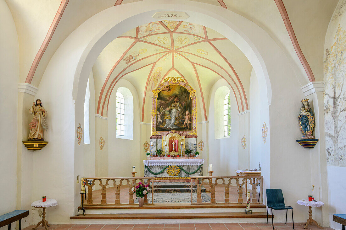Interior shot with altar and church vault of the Schnappenkirche, Hochgern, Chiemgau Alps, Salzalpensteig, Upper Bavaria, Bavaria, Germany