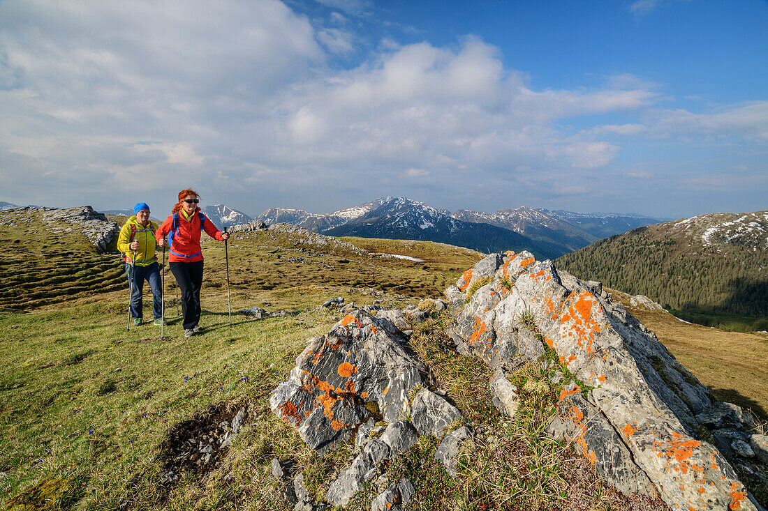 Mann und Frau wandern am Königstuhl, flechtenbewachsene Felsen im Vordergrund, Königstuhl, Nockberge, Nockberge-Trail, UNESCO Biosphärenpark Nockberge, Gurktaler Alpen, Kärnten, Österreich