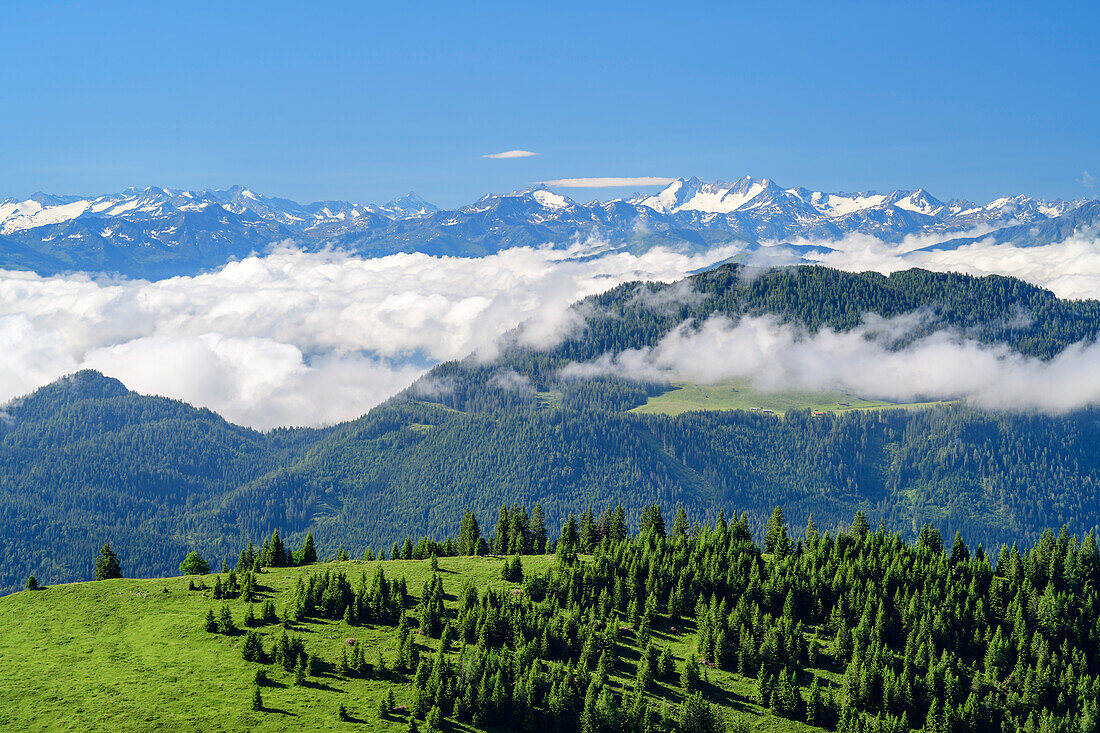 Blick vom Trainsjoch auf Wolkenstimmung mit Hohe Tauern im Hintergrund, Trainsjoch, Mangfallgebirge, Bayerische Alpen, Oberbayern, Bayern, Deutschland