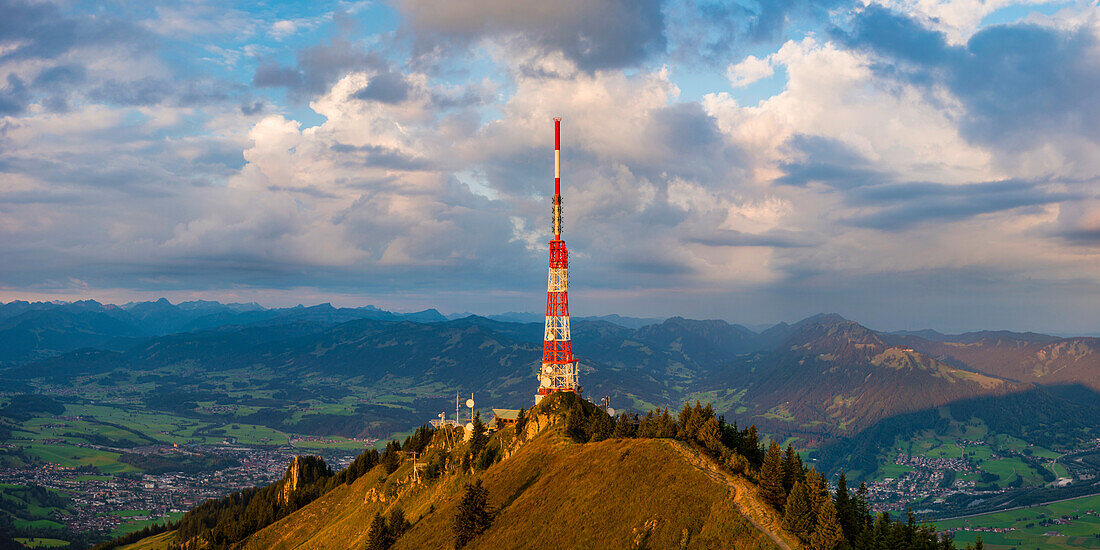 Transmission tower of the Bavarian Broadcasting Corporation on the Grünten, 1738m, at sunrise, Illertal, Allgäu Alps, Oberallgäu, Allgäu, Bavaria, Germany, Europe