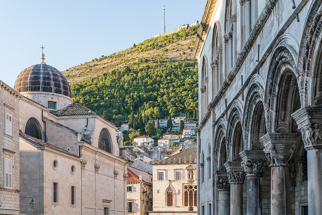 View of the Rector's Palace and the old buildings of the old town of Dubrovnik, Dalmatia, Croatia.