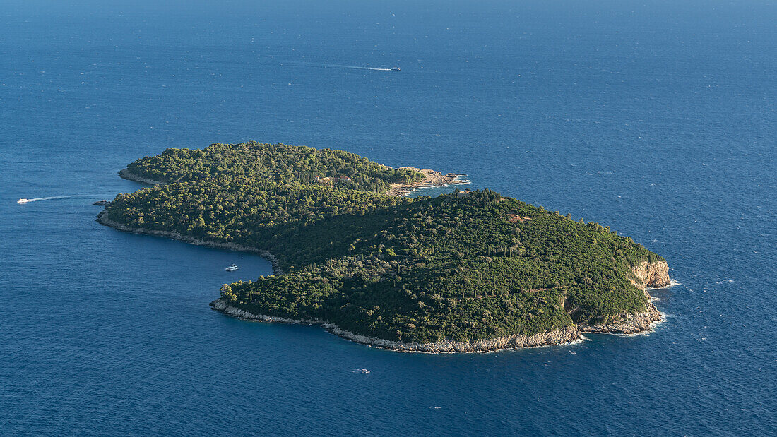 View from Mount Srd down to the island of Lokrum in front of Dubrovnik, Dalmatia, Croatia.