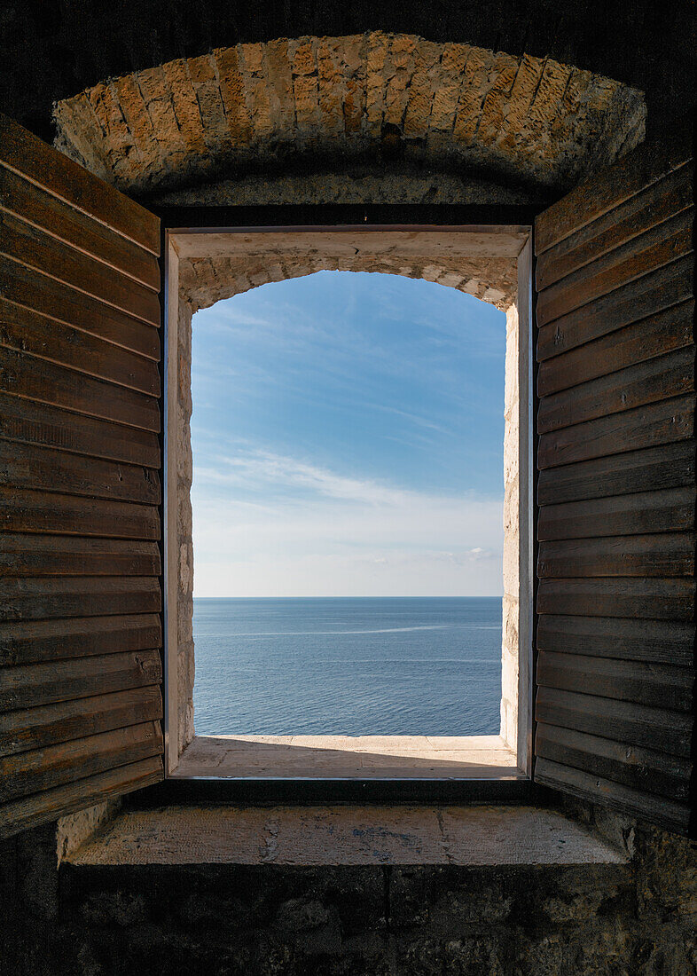 View from a window of Fort Lovrenijac out to the Adriatic Sea in front of the old town of Dubrovnik, Dalmatia, Croatia.