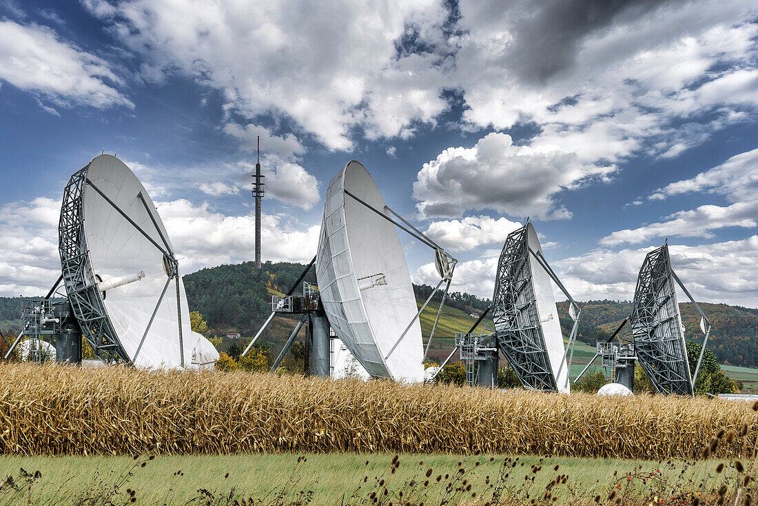 Earth station Fuchsstadt, Intelsat, parabolic antennas, Hammelburg, Lower Franconia, Bavaria, Germany,