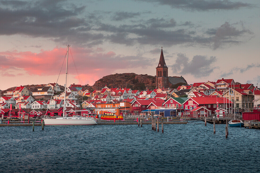 Skyline and harbor of Fjällbacka in sunset on the west coast in Sweden