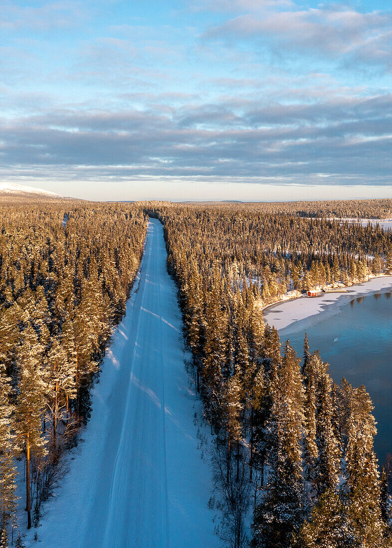 Snow-covered road at Särkijervi, Muonio, Lapland, Finland