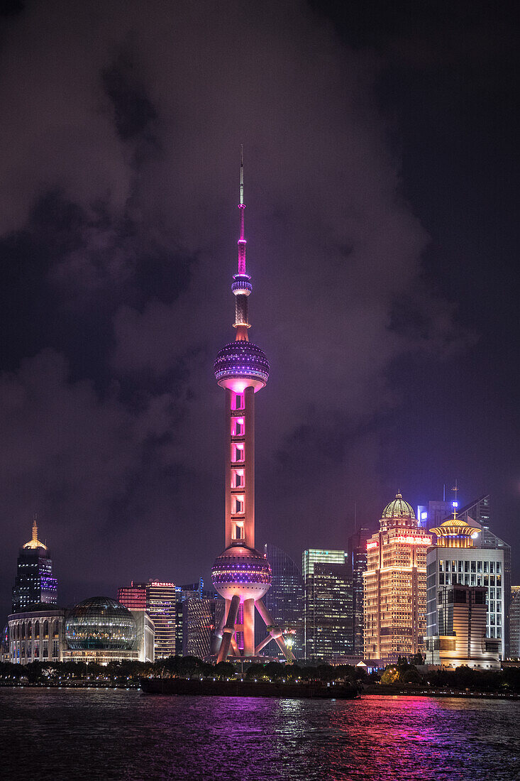 West Pearl Tower at night, view of Pudong skyline, Shanghai, People's Republic of China, Asia