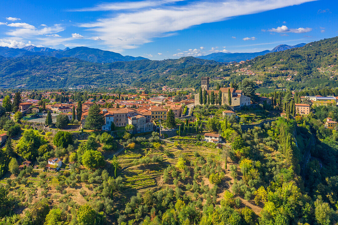 Aerial view of Barga in the Garfagnana Valley, Lucca Province, Toscana, Italy